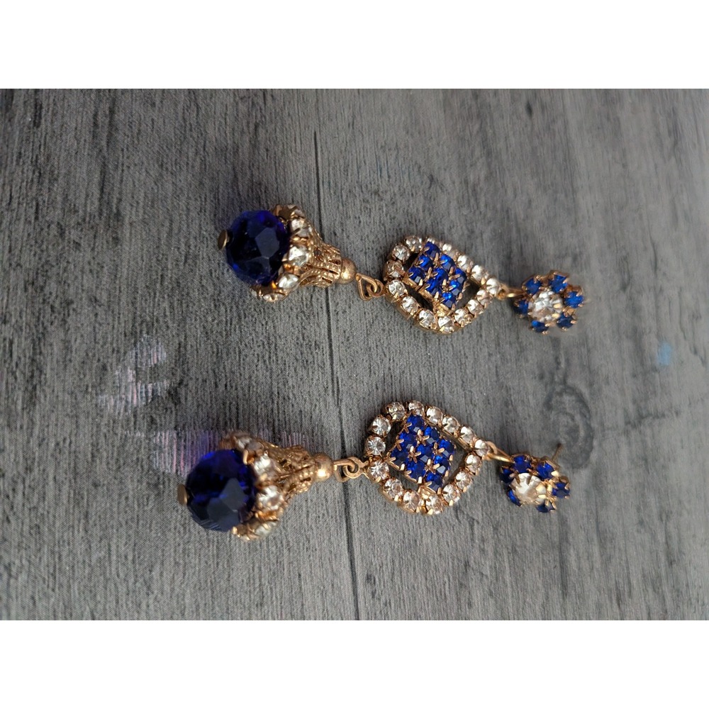 Vintage Style Royal Blue Crystal Gold Tone Filigree Drop Earrings Statement